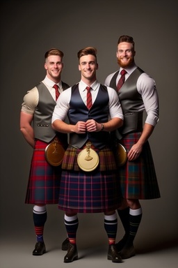 Three smiling men wearing welsh tartan kilts in fr